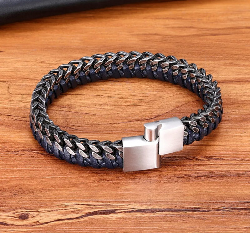 Double Braided Stainless and Leather Bracelet